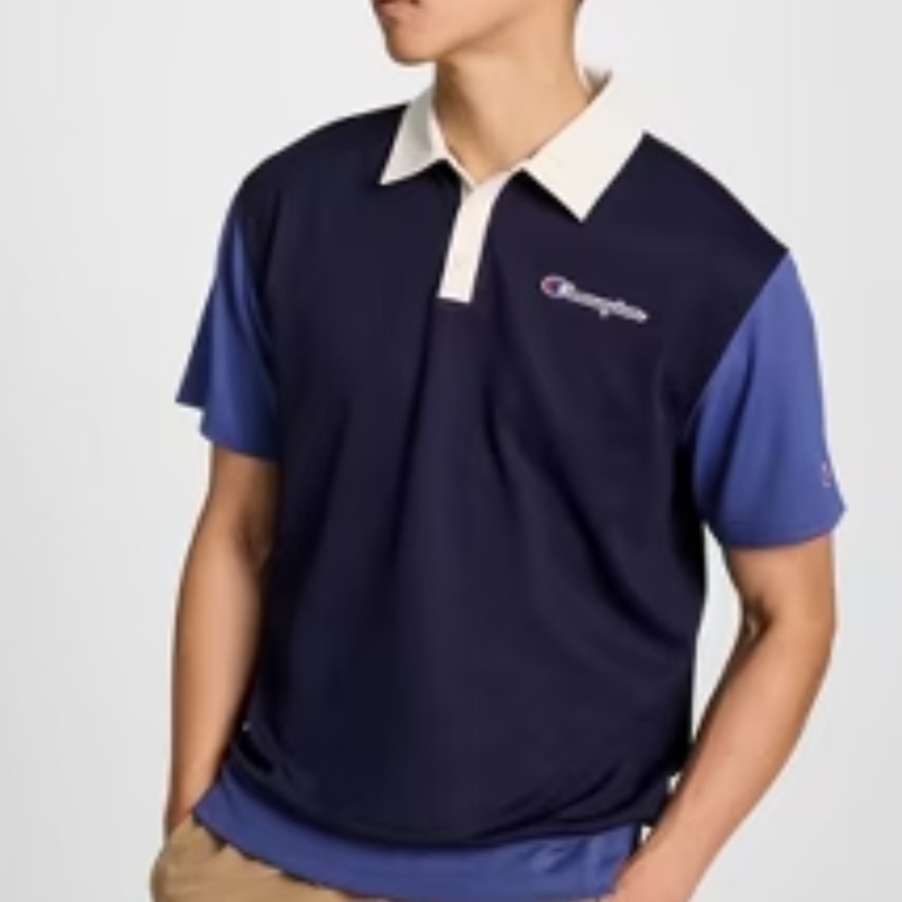 Champion Two-Tone Navy Polo with Periwinkle Sleeves and White Collar